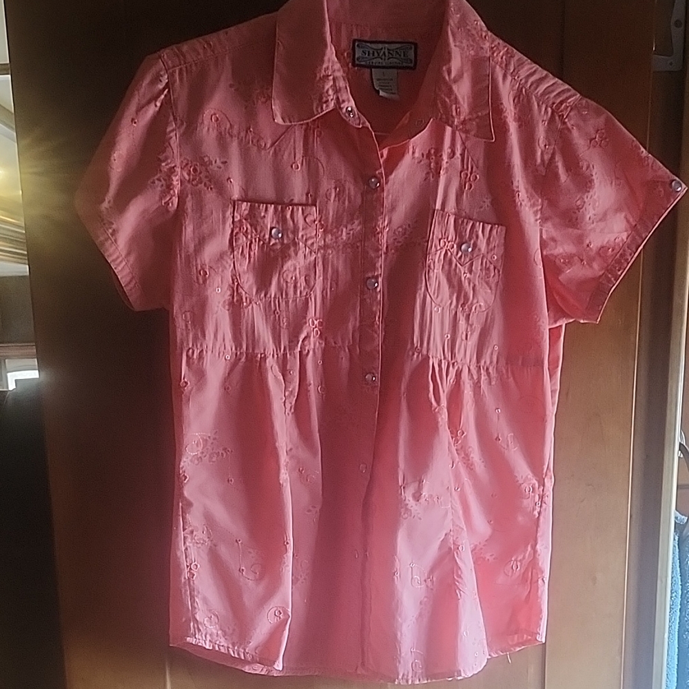 Shyanne Western Pearl Snap Embroidered Peach Short Sleeve Cotton Top Size L - Picture 2 of 14